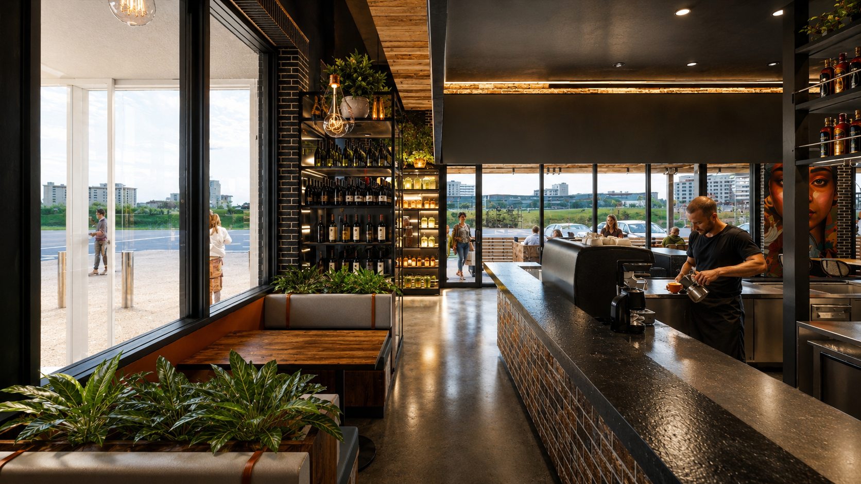 Times Casey venue render with windows, plants and warm interior lighting